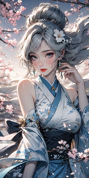 The highest image quality, excellent detail, ultra-high resolution, best illustrations, attention to detail, 1girll, exquisite beautiful face, transparent light blue glasses, white hair, kimono, accessories, background cherry blossoms scattered.