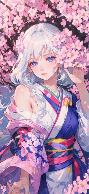The highest image quality, excellent detail, ultra-high resolution, best illustration, attention to detail, 1girll, exquisite beautiful face, transparent light blue eyes, white hair, kimono, exposed shoulders, accessories, background cherry blossoms falling.