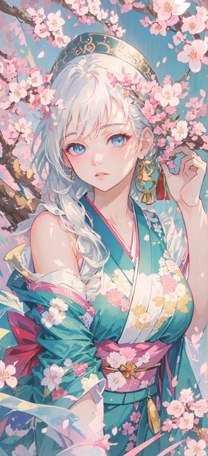 The highest image quality, excellent detail, ultra-high resolution, best illustration, attention to detail, 1girll, exquisite beautiful face, transparent light blue eyes, white hair, kimono, exposed shoulders, accessories, background cherry blossoms falling.