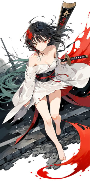 Portrait of a whole body. A black-haired lady wearing a white off-shoulder kimono, the attire is torn and tattered, with dark green silk threads, leg rings, barefoot, stained with red oil, strong wind blowing. She tilts her head, showing a murderous look, wielding a Japanese sword, eyes full of disdain, face full of hatred, pupils splattered with red ink. Transparent watercolor, alcohol coloring, chaotic rendering, wasteland style, surreal engine.