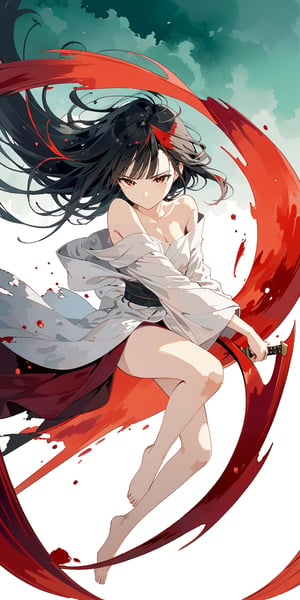 Portrait of a whole body. A black-haired lady wearing a white off-shoulder kimono, the attire is torn and tattered, with dark green silk threads, leg rings, barefoot, stained with red oil, strong wind blowing. She tilts her head, showing a murderous look, wielding a Japanese sword, eyes full of disdain, face full of hatred, pupils splattered with red ink. Transparent watercolor, alcohol coloring, chaotic rendering, wasteland style, surreal engine.