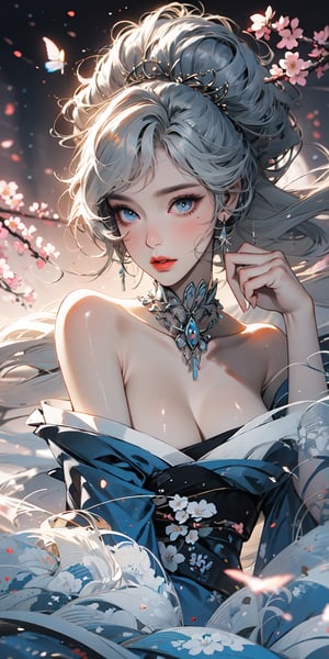The highest image quality, excellent detail, ultra-high resolution, best illustration, attention to detail, 1girll, exquisite beautiful face, transparent light blue eyes, white hair, kimono, exposed shoulders, accessories, background cherry blossoms falling.