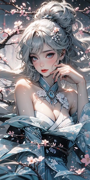 The highest image quality, excellent detail, ultra-high resolution, best illustrations, attention to detail, 1girll, exquisite beautiful face, transparent light blue glasses, white hair, kimono, accessories, background cherry blossoms scattered.