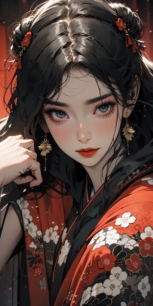 A beautiful woman with a lazy gaze, full-body view, wearing a black embroidered kimono, revealing her shoulders, black long hair, hair accessories, earrings, anklets, rich details, and ultra-high definition.