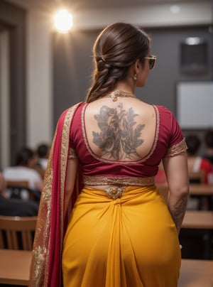  "A captivating photo from the back of a plus-size, curvy, thick British bodybuilder woman in a lecture hall. She is dressed in a vibrant traditional Tamil saree, with a fully open back blouse that reveals intricate tattoos covering her entire back. Her stylish sunglasses and impeccably styled long braided golden hair add to her striking look. The saree drapes beautifully over her strong, muscular figure, blending traditional elegance with modern strength. The lecture hall is filled with subtle academic elements, like desks and chalkboards, complementing her confident and commanding presence