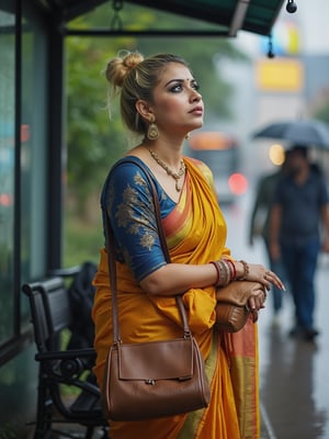 A beautiful, curvy thick figure  Milky white British blonde woman, adorned with tattoos on their hands.  golden short bun hair, wore traditional Indian saree,  waiting for bus at bus stop, laptop bags on left side shoulder. raining, shivering. 