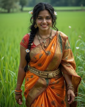 A beautiful American woman with striking features is elegantly dressed as a traditional Tamil Indian woman. She wears a vibrant saree, complemented by jasmine flowers in her braided hair. With an angelic face and a warm smile, she walks gracefully through lush, green paddy fields. Her athletic build and curvy, plus-size body shape highlight her strength and grace, blending traditional elegance with a confident presence.