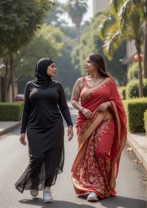 On a vibrant morning in a bustling bucy city residential area, a confident and striking woman with a curvy, muscular build walks with purpose, dressed in a black niqab that contrasts with the lively street around her. Beside her, a stunning American muscular curvy thick woman in a traditional indian saree, and sneakers strides along, both of them engaged in a quest for the perfect rental house. Their bond is evident, a reflection of their college friendship and shared mission.