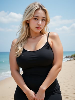 a beautiful35 year old blonde Philippines woman, tan complexion , she’s slightly chubby and curvy  figure,Golden  loose hair, tattoos on both hands,red lips, wore black maxi and chilling at beach , looks camera. 