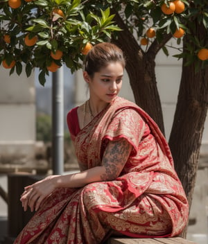 A beautiful, curvy hot slightly fat muscular build  Milky white Mother, adorned with tattoos on their hands.  Short golden bun hair, wore Indian Designer Saree and matching shoes, headphone, listen music, sitting on wooden bench, under a orange tree, 