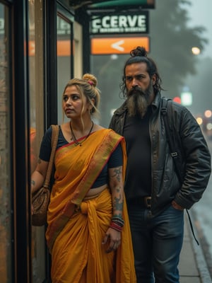 A beautiful, curvy thick figure  Milky white British blonde woman, adorned with tattoos on their hands.  golden short bun hair, wore traditional Indian saree,  waiting for bus at bus stop, laptop bags on left side shoulder, beside of her a burly muscular homeless man stand nearby. raining, 