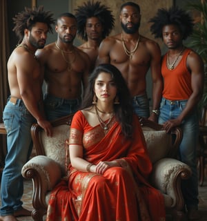 "Create an image of Draupadi, the wife of the five Pandavas, depicted as a modern  day white American middle-aged curvy woman. She is wearing a traditional saree, styled in a way that reflects her regal and dignified nature. Draupadi is seated on a sofa with an air of composure and grace. Surrounding her are her five husbands as Afro black muscular men, who are depicted with beefy, muscular body shapes, standing beside her, wore denim jeans and tanks . The scene conveys a sense of unity and strength among them. The background should be simple yet elegant and modern American design house ."