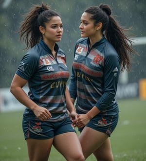 Two white women, a 35-year-old and an 18-year-old of mixed American and Philippine heritage, are wearing modern rugby gear, playing on a rain-soaked field. They both have a curvy and muscular build, showcasing their athletic prowess. Their hair is pulled back, and their confident expressions highlight their unity and strength amidst the challenging conditions.