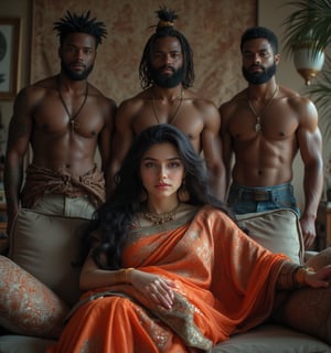 "Create an image of Draupadi, the wife of the five Pandavas, depicted as a modern  day white American middle-aged curvy angel face woman. She is wearing a traditional saree, styled in a way that reflects her regal and dignified nature. Draupadi is seated on a sofa with an air of composure and grace. Surrounding her are her five husbands as Afro black muscular men, who are depicted with beefy, muscular body shapes, standing beside her, wore denim half pants only ,. The scene conveys a sense of unity and strength among them. The background should be simple yet elegant and modern American design house ."