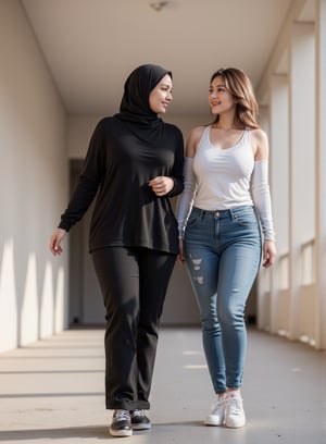 Two confident and striking women walk side by side down a brightly lit hostel corridor, their contrasting appearances highlighting their strong bond. One, with a curvy, muscular build, is dressed in a sleek black niqab that flows as she moves with purpose, her eyes focused and determined. The other, a stunning woman with a curvy, thick figure, wears a white stretch wife-beater, denim jeans, and sneakers, her short spiky golden hair adding a bold edge to her style. They share an easy camaraderie, reflecting their close college friendship as they chat animatedly, searching for their next adventure within the hostel's vibrant atmosphere.