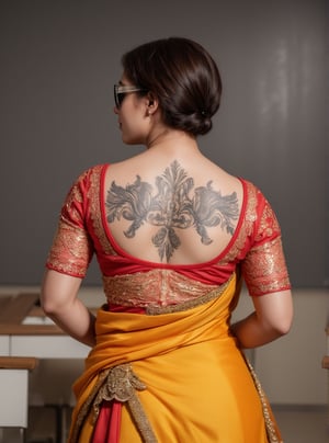  "A captivating photo from the back of a plus-size, curvy, thick British bodybuilder woman in a lecture hall. She is dressed in a vibrant traditional Tamil saree, with a fully open back blouse that reveals intricate tattoos covering her entire back. Her stylish sunglasses and impeccably styled short brown hair add to her striking look. The saree drapes beautifully over her strong, muscular figure, blending traditional elegance with modern strength. The lecture hall is filled with subtle academic elements, like desks and chalkboards, complementing her confident and commanding presence