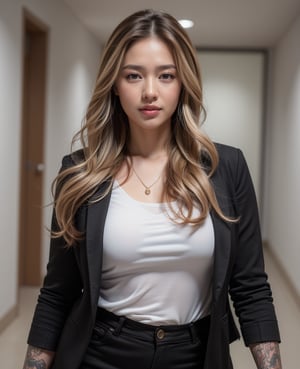 A beautiful  plus size thick bodybuilder woman with cornrows long  golden hair, tattoo covered in her both hands, walking at office,  looking distracted as she works.  She is dressed in a white blouse with black blazer and wearing a small gold pendant. 