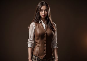 Cinematic movie still, Full Body Portrait, a beautiful Caucasian female, very muscular, ripped muscles, jacked, Victorian style Waistcoat, Shirt , plaid skirt, Steampunk, ultra realistic, intricate details, intrinsic details, perfect face, perfect eyes, perfect composition, ultra high quality, 16k resolution, Epicrealism