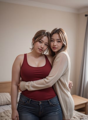 "Create a captivating photo of a  British beefy large muscular build woman  in a hostel room. She is dressed in a  tank-top and denim shorts  with tattoos on both arms. Her impeccably styled short pixie  golden hair. She is being hugged by a beautiful white British teenage woman slightly fat, curvy woman in a white hijab and sneakers  short golden bun hair."