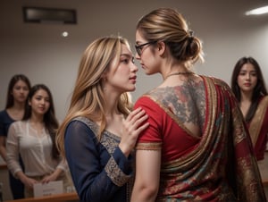 "A fascinating view of a plus-size, thick, curvaceous Arabian bodybuilder woman in a lecture hall . She is wearing a colorful traditional Tamil saree, and her entire back is covered in elaborate tattoos that are visible through the wide open shirt. Her attractive appearance is further enhanced by her chic sunglasses and perfectly coiffed short golden hair. Her robust, muscular frame is elegantly covered by the saree, which combines traditional elegance with contemporary vigor. gently kissing and caressing an attractive 20-year-old Latina Muslim student who is dressed in a school uniform and a scarf. They are both standing in the middle of a meeting room while their older classmates look on in shock. The minor academic accents throughout the lecture hall, such as the desks and chalkboards, go well with her assured and dominant demeanor.