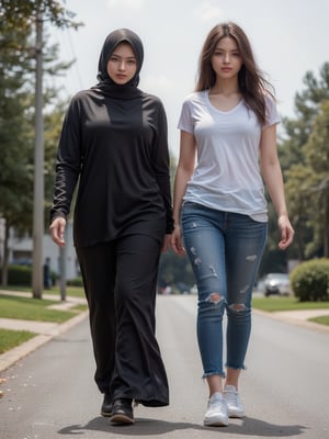 On a vibrant morning in a bustling bucy city residential area, a confident and striking woman with a curvy, muscular build walks with purpose, dressed in a black niqab that contrasts with the lively street around her. Beside her, a stunning American muscular curvy thick woman in a white stretch t-shirt, denim jeans, and sneakers strides along, both of them engaged in a quest for the perfect rental house. Their bond is evident, a reflection of their college friendship and shared mission.