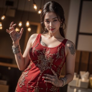 A beautiful, curvy hot  British slightly fat  muscular build  Milky white mother, adorned with tattoos on their hands, wore traditional Indian Designer Saree, at street food restaurants, 