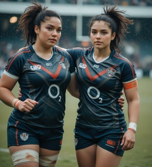 Two white women, a 35-year-old and an 18-year-old of mixed American and Korean heritage, are wearing modern rugby gear, playing on a rain-soaked field. They both have a curvy and muscular build, showcasing their athletic prowess. Their hair is short and ponytail , and their confident expressions highlight their unity and strength amidst the challenging conditions.