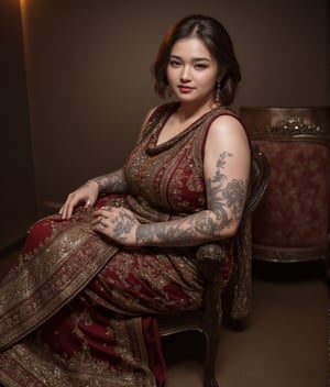 A beautiful, curvy hot American fat bodybuilder  Milky white Mother, adorned with tattoos on their hands.  Short golden bun hair, wore Indian Designer Saree and matching shoes, sitting on armchair, at living room, as underworld mafia Don. 