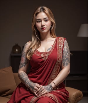 A beautiful, curvy hot American fat bodybuilder  Milky white Mother, adorned with tattoos on their hands.  Short golden bun hair, wore Indian Designer Saree and matching shoes, sitting on armchair, at living room, as underworld mafia Don. 