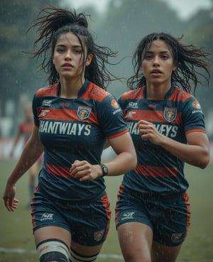 Two pale white women, a 35-year-old and an 18-year-old of mixed Albanian and Philippine heritage, are wearing modern rugby gear, playing on a rain-soaked field. They both have a curvy and muscular build, showcasing their athletic prowess. Their hair is short and braids and ponytail , and their confident expressions highlight their unity and strength amidst the challenging conditions.