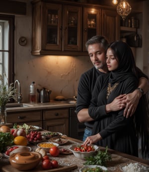 "In a charming, modern kitchen, a beautiful, middle-aged American vs philipines mixed races  white bodybuilder woman with a curvy thick muscular build is gracefully preparing vegetables. She is dressed in black niqab . An older, muscular African  bulky man, with a rugged appearance that suggests a life of hard work, gently hugs her from behind, showing a tender and protective affection. The woman wears a golden necklace that catches the warm, ambient light of the rustic kitchen, adding a touch of elegance to the scene. The kitchen itself features wooden cabinets, brass utensils, and clay pots, with vibrant spices and fresh vegetables adding color to the atmosphere. The couple’s connection is palpable, contrasting beautifully with the earthy, traditional surroundings, creating a warm and intimate moment."