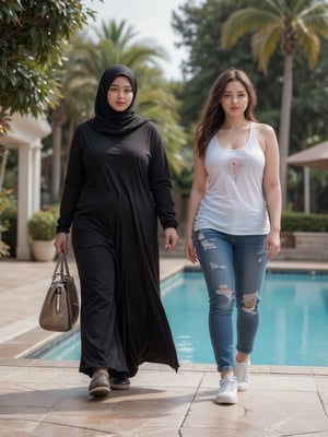 On a vibrant morning in a peaceful poolside, a confident and striking woman with a curvy, muscular build walks with purpose, dressed in a black niqab that contrasts with the lively street around her. Beside her, a stunning American muscular curvy thick woman in a white wife beater, denim jeans, and sneakers, short ponytail, strides along, both of them engaged in a quest for the perfect rental house. Their bond is evident, a reflection of their college friendship and shared mission.