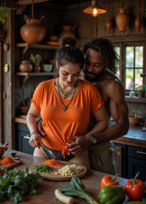 "In a charming, tribesmen  kitchen, a beautiful, middle-aged British bai Philippines mixed race white woman with a curvy, large lean bulk- muscular build is gracefully preparing vegetables. She is dressed in an elegant orange T-shirt and boxer briefs , and her hair is styled in a short, messy bun. An older, muscular African  bulky man, with a rugged appearance that suggests a life of hard work, gently hugs her from behind, showing a tender and protective affection. The woman wears a golden necklace that catches the warm, ambient light of the rustic kitchen, adding a touch of elegance to the scene. The kitchen itself features wooden cabinets, brass utensils, and clay pots, with vibrant spices and fresh vegetables adding color to the atmosphere. The couple’s connection is palpable, contrasting beautifully with the earthy, traditional surroundings, creating a warm and intimate moment."