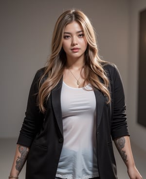 A beautiful  plus size thick bodybuilder woman with cornrows long  golden hair, tattoo covered in her both hands, walking at office,  looking distracted as she works.  She is dressed in a white blouse with black blazer and wearing a small gold pendant. 