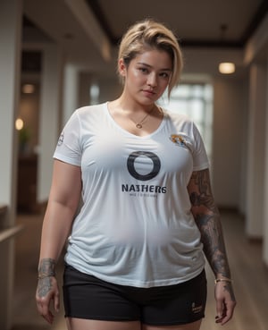 A beautiful  plus size thick bodybuilder woman with short spiky  golden hair, tattoo covered in her both hands, walking at office,  looking distracted as she works.  She is dressed in a Argentina rugby uniform and wearing a small gold pendant. a Starbucks coffee shop background. 