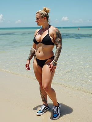 A beautiful, curvy hot American burly bodybuilder  Milky white Mother, adorned with tattoos on their hands.  Short golden bun hair, wore black bikini and sneakers, at beach,