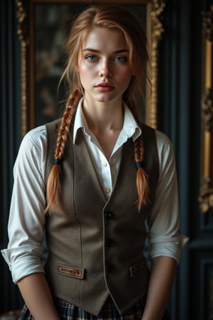 Cinematic movie still, Full Body Portrait, a beautiful Caucasian female, very muscular, ripped muscles, jacked, Victorian style Waistcoat, Shirt , plaid skirt, long braided hairstyles , Steampunk, ultra realistic, intricate details, intrinsic details, perfect face, perfect eyes, perfect composition, ultra high quality, 16k resolution, Epicrealism