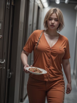 In the prison dining hall, a striking curvy thick figure bodybuilder woman stands out, muscular arms strong arms. Her golden short hair catches the fluorescent light, framing a face with a confident, unyielding expression. Her physique is powerful and muscular, reminiscent of Hulk, suggesting immense strength and resilience. Clad in the standard prisoner uniform, she moves with a grace that contrasts with the harsh environment around her, carrying a food plate as if it were a mere accessory to her commanding presence. The setting is stark, but her aura transforms it into a scene of silent defiance and inner strength.