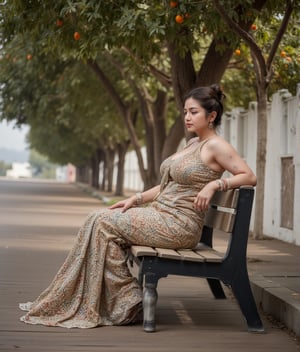 A beautiful, curvy hot slightly fat muscular build  Milky white Mother, adorned with tattoos on their hands.  Short golden bun hair, wore Indian Designer Saree and matching shoes, headphone, listen music, sitting on wooden bench, under a orange tree, 