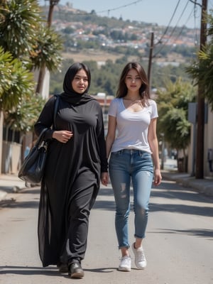 On a vibrant morning in a bustling residential area, a confident and striking woman with a curvy, muscular build walks with purpose, dressed in a black niqab that contrasts with the lively street around her. Beside her, a stunning American woman in a white stretch t-shirt, denim jeans, and sneakers strides along, both of them engaged in a quest for the perfect rental house. Their bond is evident, a reflection of their college friendship and shared mission.