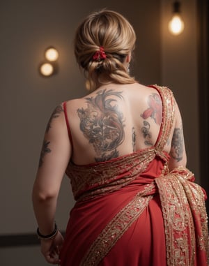  "A captivating photo from the back of a plus-size, curvy, thick Arabian bodybuilder woman in a lecture hall. She is dressed in a vibrant gown , with a fully open back blouse that reveals intricate tattoos covering her entire back. Her stylish sunglasses and impeccably styled short golden hair add to her striking look. The saree drapes beautifully over her strong, muscular figure, blending traditional elegance with modern strength. chatting  with her core staff, The lecture hall is filled with subtle academic elements, like desks and chalkboards, complementing her confident and commanding presence