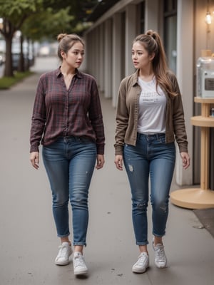 two beautiful gorgeous homeless  women walking at hotel outside garbage area, they are curvy thick figure, golden short bun hair. wore toned flannel shirt and denim jeans and sneakers. sad face, 