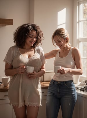 In their cozy new house kitchen, the two women are preparing coffee together, their laughter filling the warm, sunlit space. The woman with a curvy, thick , muscular build moves gracefully in her knee length frock , , her eyes crinkling with amusement as she stirs the coffee. Being hug by  the thick, curvy woman in a white stretch wife-beater and denim jeans reaches for mugs, her short golden spiky hair catching the morning light. There's a sense of comfort and ease between them, a reflection of their deep friendship as they enjoy each other's company in this peaceful moment, savoring the joy of their new home.