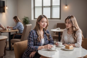 "Two beautiful, curvy women, one 35 years old and the other her 18-year-old niece, are seated at a hotel café, enjoying coffee and lunch. Both have short golden hair, 35years old woman  wearing flannel shirts and 18years old woman wore  kneel length frock  and sneakers,  and sneakers. The atmosphere is relaxed but with an air of seriousness as they engage in deep conversation. The modern hotel décor features sleek furniture, minimalistic design, and large windows letting in natural light. The two women are focused on their discussion, their expressions thoughtful as they sip coffee amidst a calm and sophisticated setting."