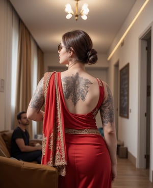  "A captivating photo from the back of a plus-size curvy thick Arabian bodybuilder woman in a large bedroom . She is dressed in a vibrant traditional Tamil saree, with a fully open back blouse that reveals intricate tattoos covering her entire back. Her stylish sunglasses and impeccably styled short golden hair add to her striking look. The saree drapes beautifully over her strong, muscular figure, blending traditional elegance with modern strength. sits on sofa middle of a Afro two gangsters with long cornrows hairstyles , The hall is filled with subtle academic elements, like notice  boardsand chalkboards, complementing her confident and commanding presence