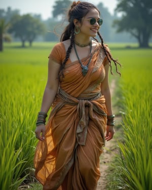 A beautiful American white woman with striking features is elegantly dressed as a traditional  Indian woman. She wears a petticoat tied over her chest , short braided hair. With an angelic face and a warm smile, she walks gracefully through lush, green paddy fields. Her athletic build and curvy, plus-size body shape highlight her strength and grace, blending traditional elegance with a confident presence.