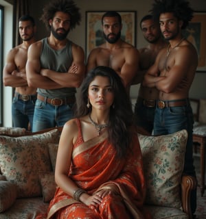 "Create an image of Draupadi, the wife of the five Pandavas, depicted as a modern  day white American middle-aged curvy woman. She is wearing a traditional saree, styled in a way that reflects her regal and dignified nature. Draupadi is seated on a sofa with an air of composure and grace. Surrounding her are her five husbands as Afro black muscular men, who are depicted with beefy, muscular body shapes, standing beside her, wore denim jeans and tanks . The scene conveys a sense of unity and strength among them. The background should be simple yet elegant and modern American design house ."