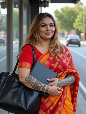 A beautiful, curvy thick figure  Milky white British woman, adorned with tattoos on their hands.  golden loose hair, wore traditional Indian saree,  waiting for bus at bus stop, laptop bags on left side shoulder. 