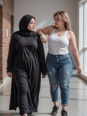 Two confident and striking women walk side by side down a brightly lit hostel corridor, their contrasting appearances highlighting their strong bond. One, with a curvy, muscular build, is dressed in a sleek black niqab that flows as she moves with purpose, her eyes focused and determined. The other, a stunning woman with a curvy, thick figure, wears a white stretch wife-beater, denim jeans, and sneakers, her short spiky golden hair adding a bold edge to her style. They share an easy camaraderie, reflecting their close college friendship as they chat animatedly, searching for their next adventure within the hostel's vibrant atmosphere.