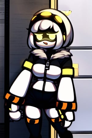 Highly Detailed, High Quality, Masterpiece, Beautiful, (Medium Long Shot), Woman with neon yellow eyes and a short cut with silver hair. Metallic (white) leather, a black headband with five sections of lights and, both with a neon yellow liquid inside, wearing a short black short-sleeved coat with a fur collar and cuffs. His legs are painted black, at the height of the thighs, which gives him a medium appearance at thigh height with a yellow bracelet on the left arm, outside a bunker, detailed background, with broad limbs, escaping from something,VDRONE,jenny,mcnsfw,Uzi,alex,TessaMD,masterpiece,N,best quality,zero two,space helmet,Pixel art,black bow on head,tingyun,Anime,white jacket,white gloves,IncrsAnyasHehFaceMeme,coffeelove68 style